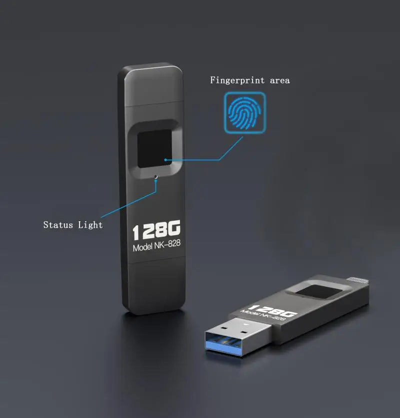 Fingerprint Encrypted USB Drive – High-speed metal flash drive, available in 64GB to 512GB, for iPhone, iPad, and PC.