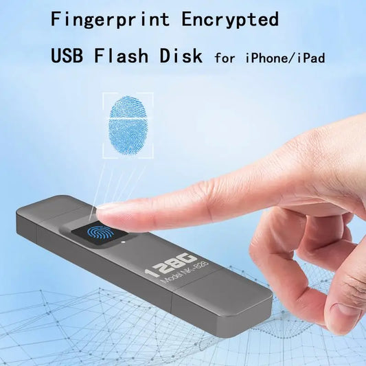 Fingerprint Encrypted USB Drive – High-speed metal flash drive, available in 64GB to 512GB, for iPhone, iPad, and PC.